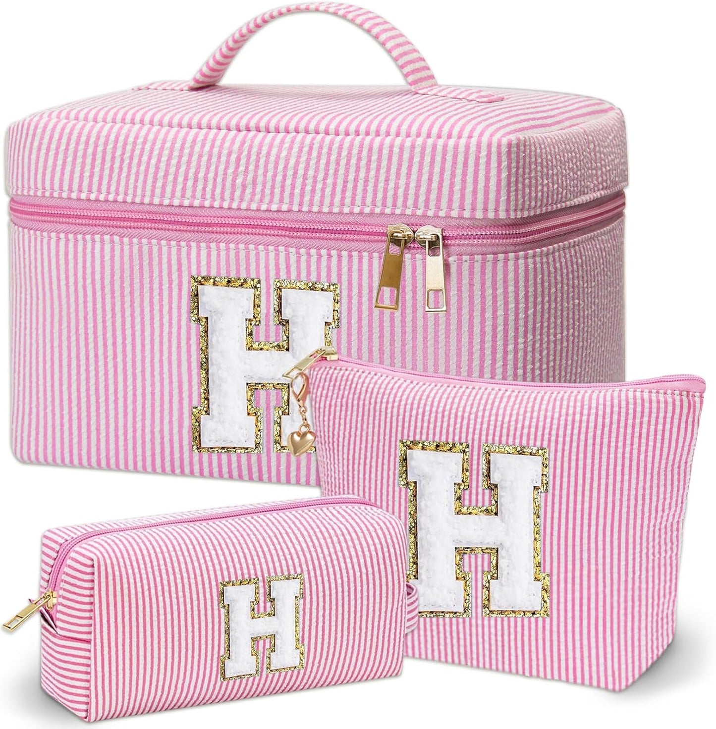 Personalized Monogram Makeup Bag, 3PCS Custom Monogrammed Toiletry Cosmetic Bag for 6-18 Teen Girls Women,Birthday Graduation Gifts Initial Pouch Makeup Bags for Women Girls, Make Up Bag (H, Pink)