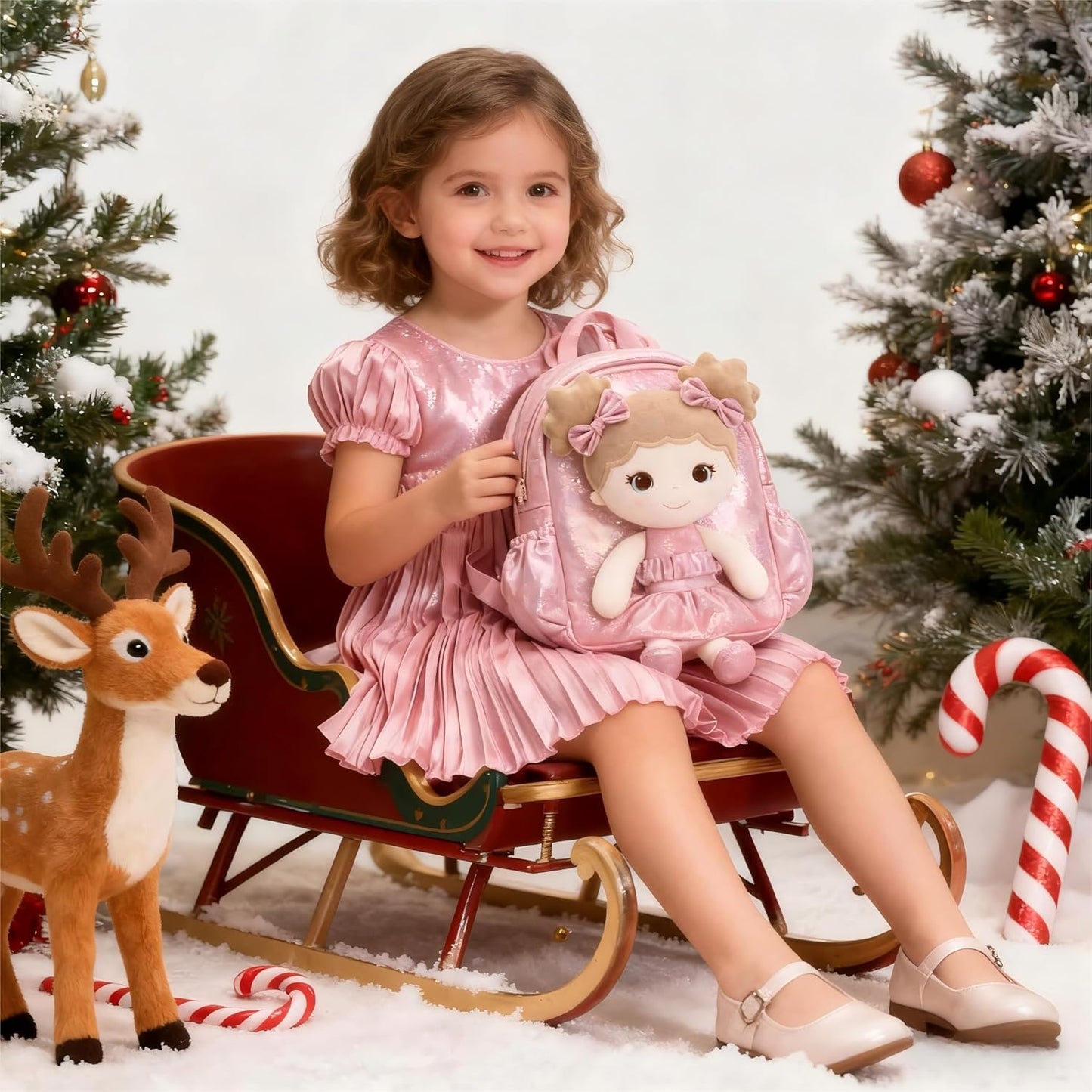 Lazada Toddler Backpack - Baby Girl Gifts Curly Fingerprints Plush Doll Dress Backpack - Fashion Girls Curly Rolled Fingerprints Series - Apricot Pink 11 Inches