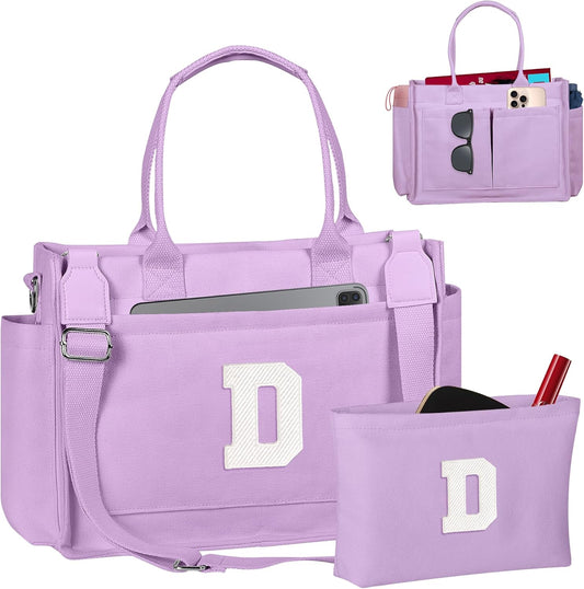 Gifts for Women Teen Girls, Initial Tote Bag with Zipper, Letter Canvas Tote Purse for College Work Laptop Beach