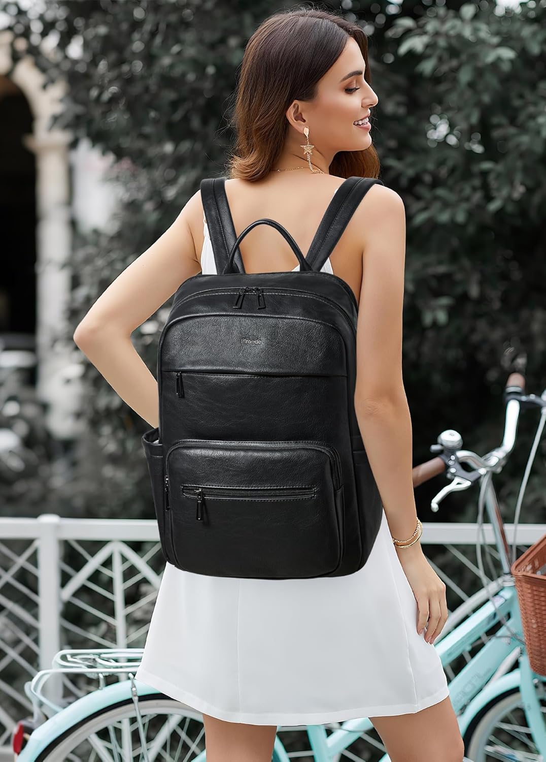 Leather Laptop Backpack for Women 15.6 Inch Laptop Travel Backpack Purse Casual Daypack with Laptop Compartment for College Work Nurse Business Weekender, Black