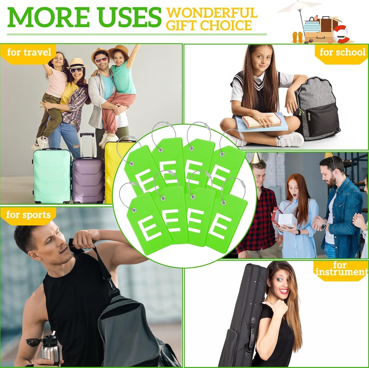 8 Pcs Initial Letter A-Z Luggage Tags Silicone Suitcase Instrument Tag with Name Card and Stainless Steel Loop(Letter E,Green)