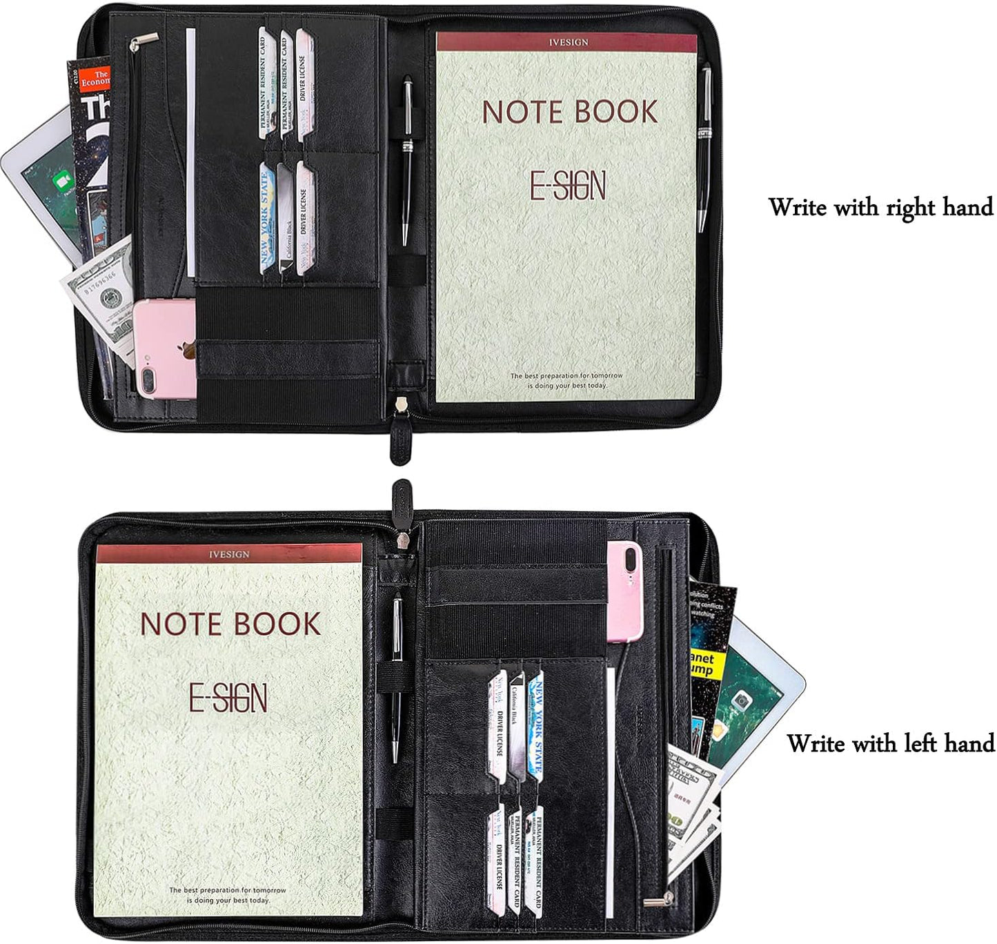IVESIGN Zippered Padfolio for Women & Men Resume Portfolio Folder Vegan Leather Salesman Business Organizer Planner,with Writing Pad Interior 10.1 Inch Tablet Sleeve Black