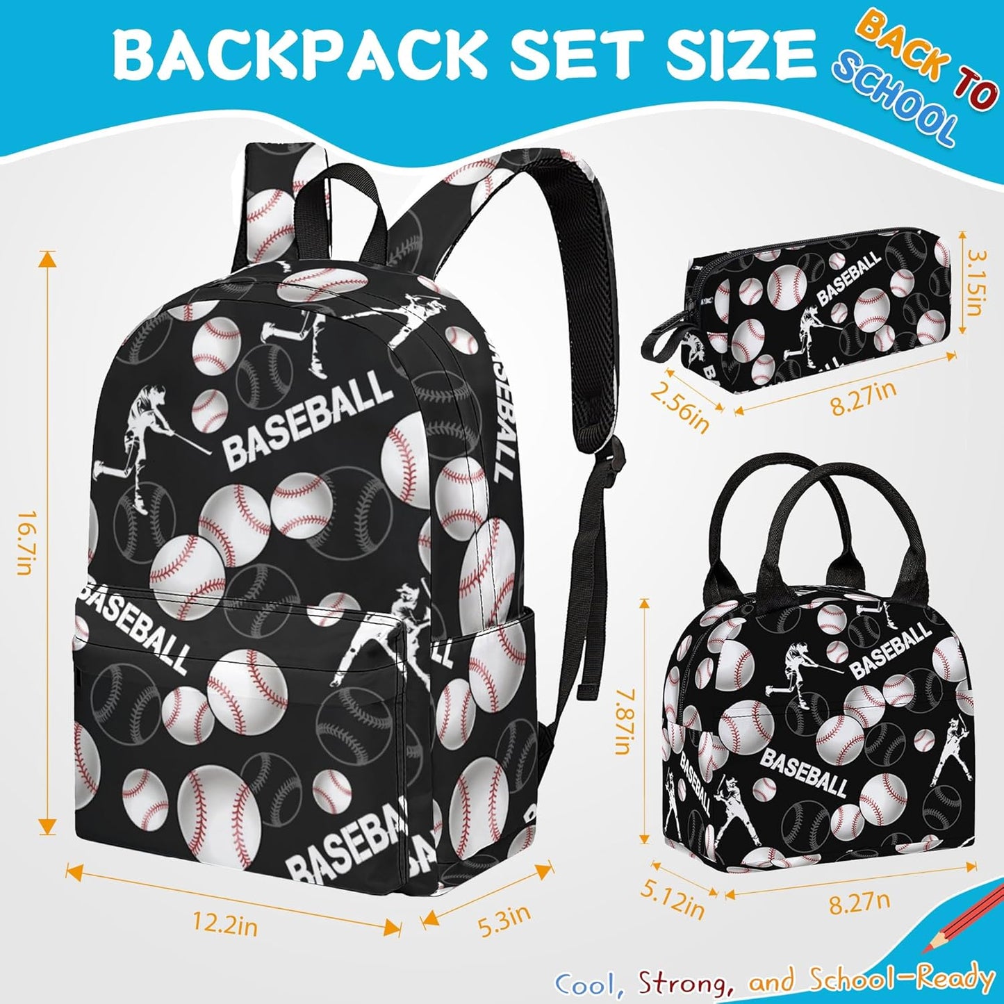 3PCS Baseball Backpack Set for Boys, Large Lightweight 17 Inch Backpack with Lunch Bag & Pencil Case for Kids, Back to School Cool Sports Bookbag for Elementary Middle School - Black