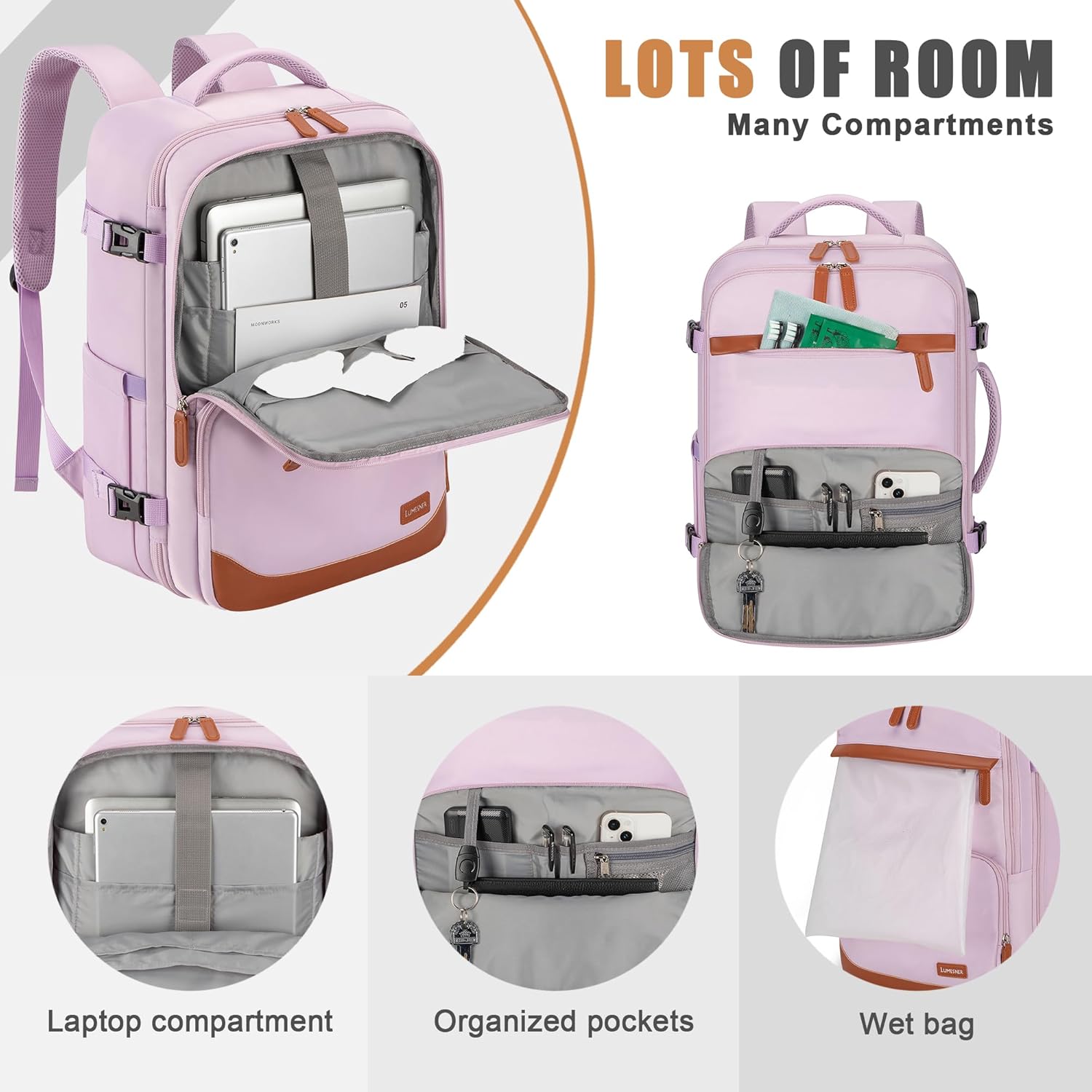 40L Travel Backpack with USB Charging Port, Water-Resistant Carry On Backpack for Men Women