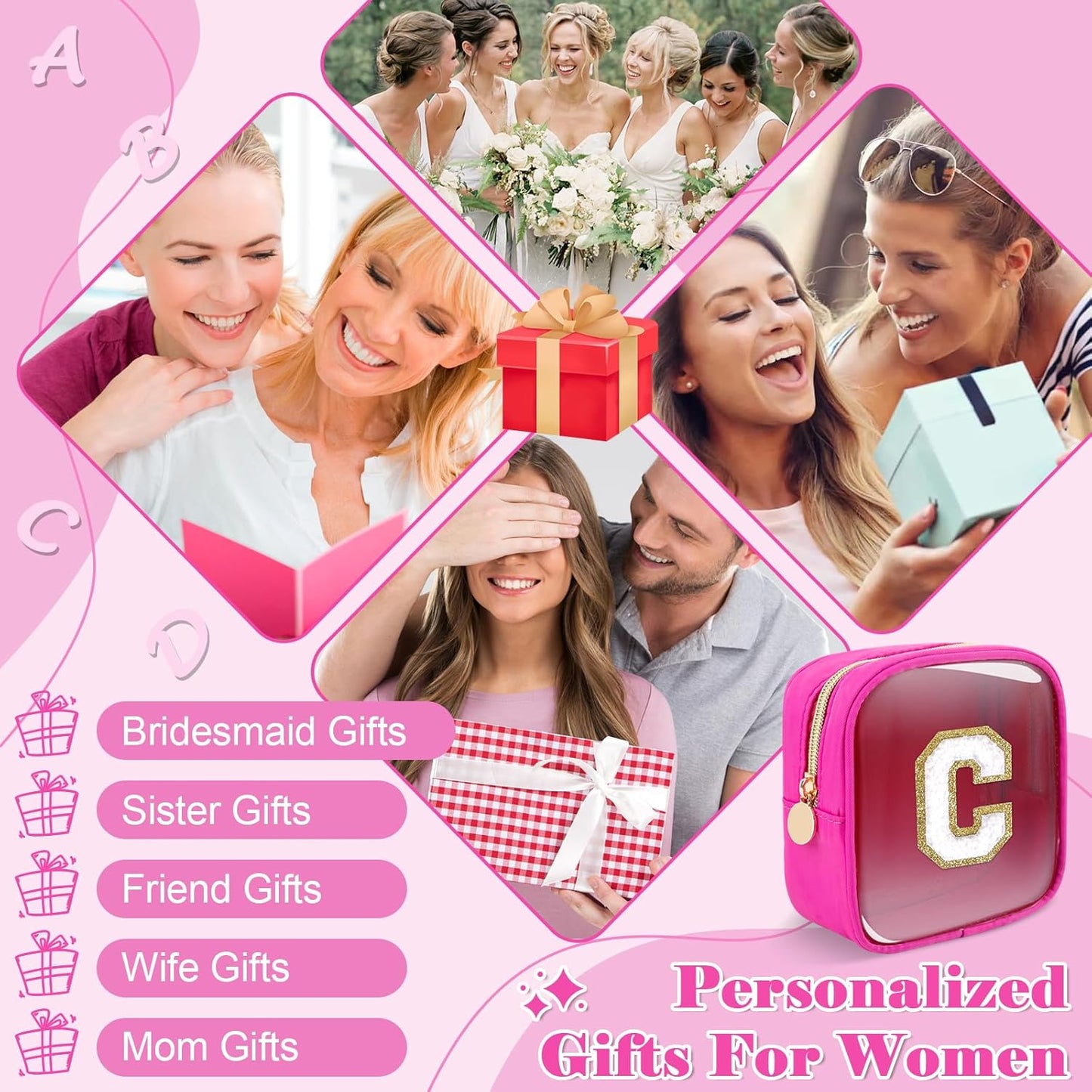 Personalized Initial Letter Clear Preppy Makeup Bag,Mini Nylon Chenille Letter Cosmetic Bag Cute Zipper Pouch Coin Purse for Teen Girls,Portable TSA Approved Travel Essentials Bag Gift for Women,C