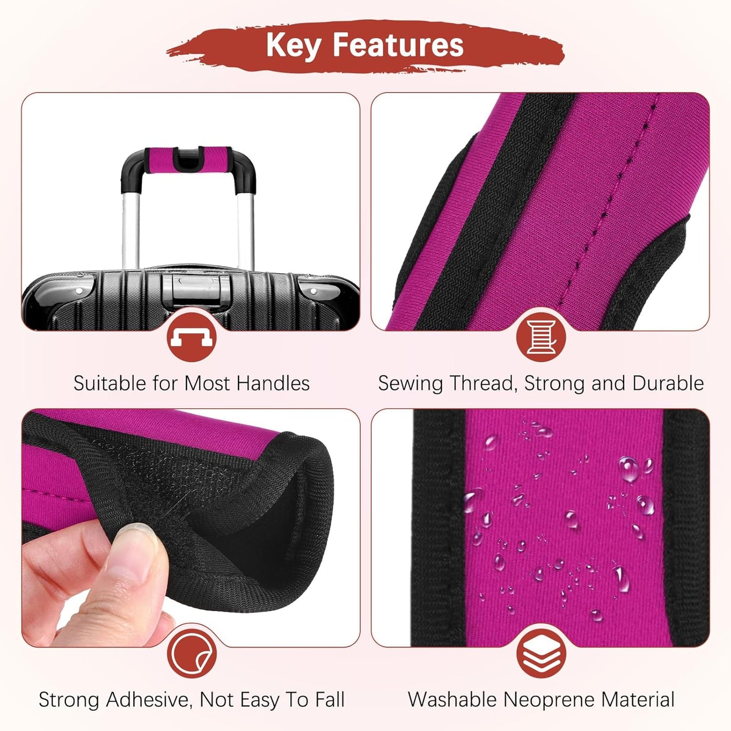 Luggage Handle Wrap [3PCS] - Neoprene Luggage Identifiers Hollow Design Use for Push-Button Suitcase & Trolley Case - [Rose Red-6IN/15CM] Comfort Grip Handle Cover