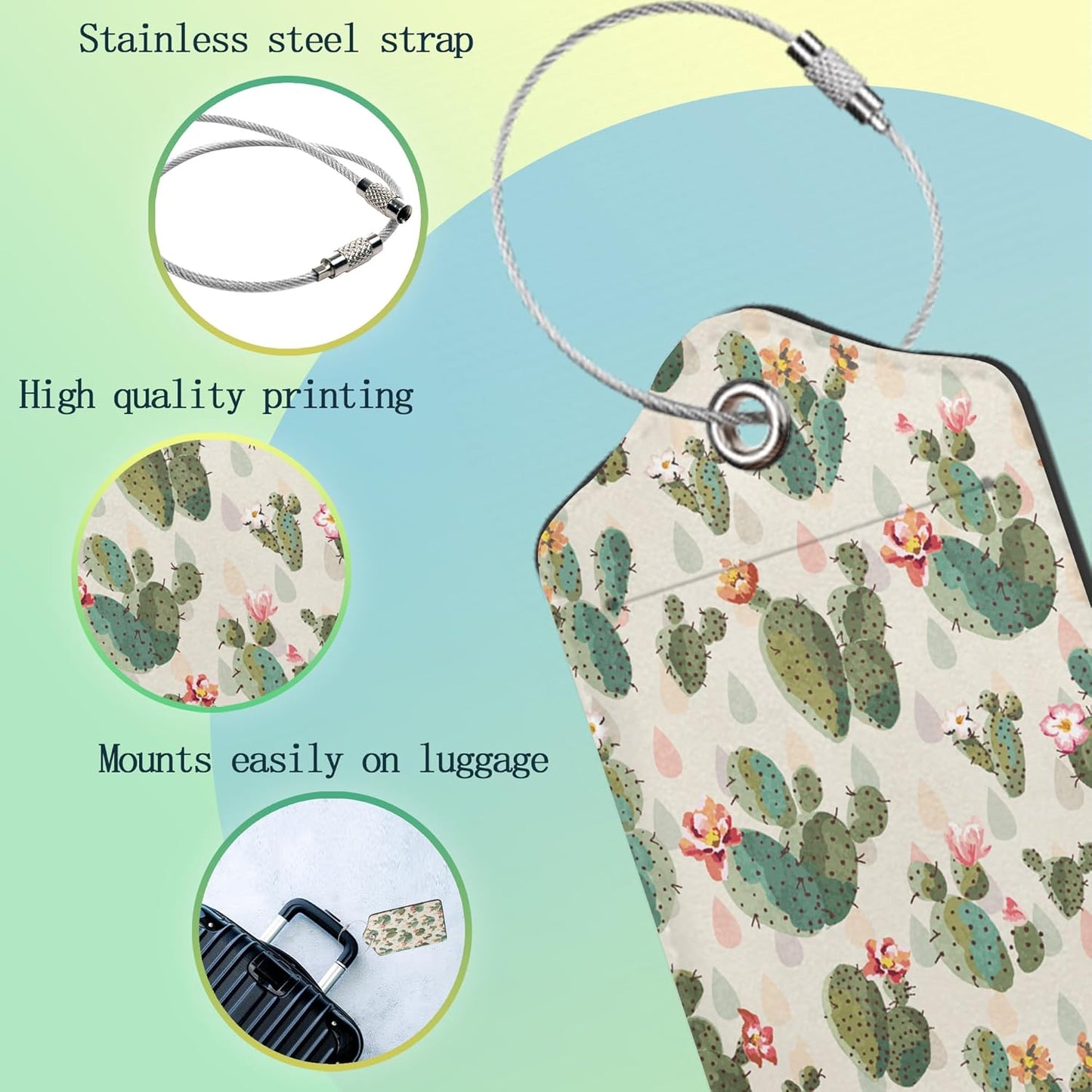 Cactus Luggage Tag,Cute Green Cactus Print Luggage Tags of Set 2 Leather Identifiers Privacy Cover with Stainless Steel Loop for Women Men Travel Bag Suitcase