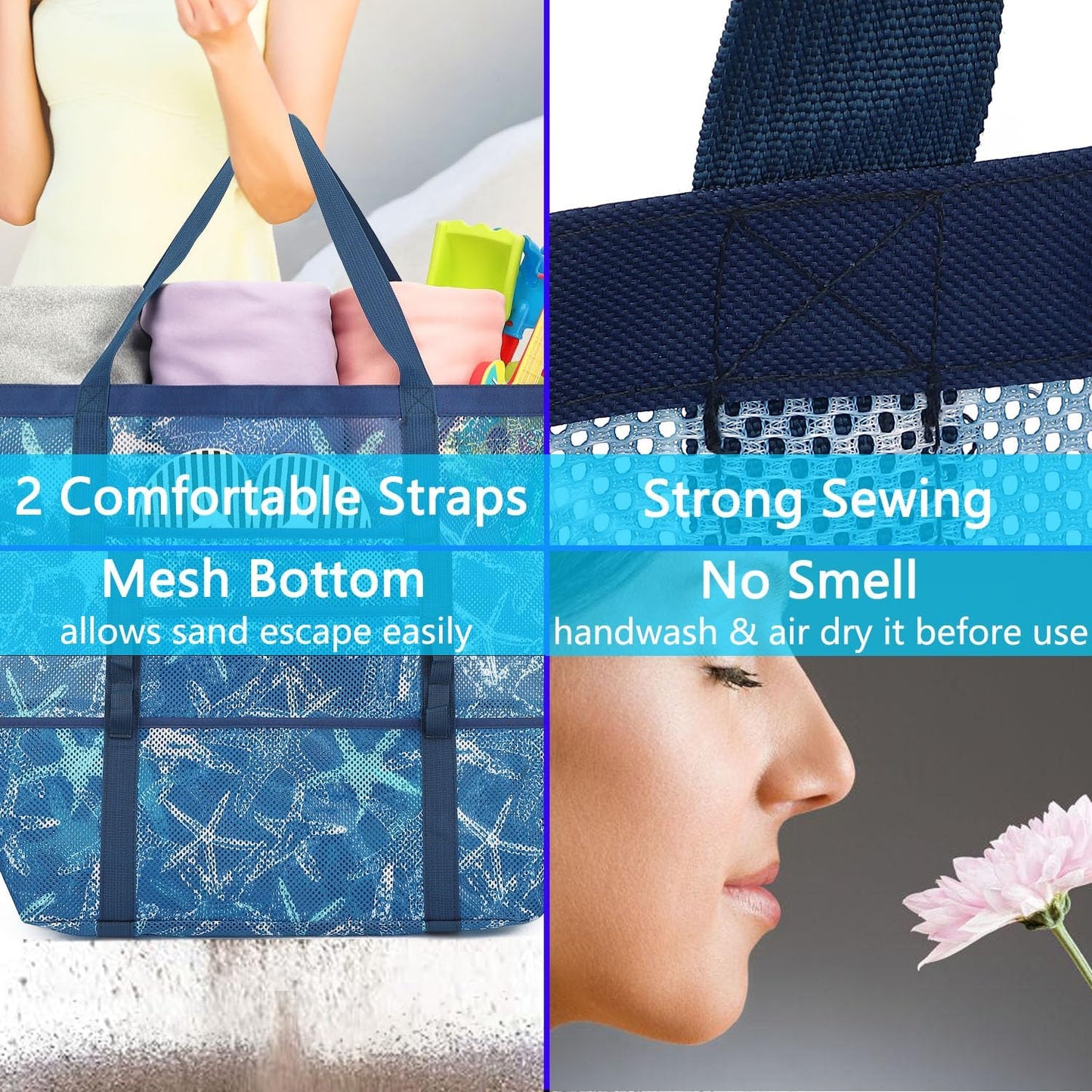 Mesh Beach Bag, Large Beach Tote with Zipper Pocket for Family Pool Bag for Toys & Vacation Essentials