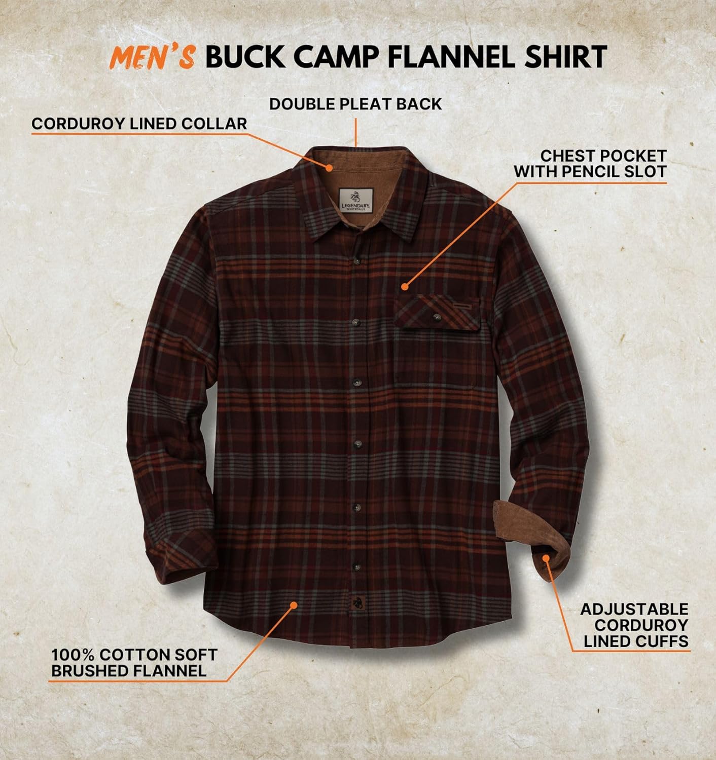 Legendary Whitetails Men's Flannel Shirt Long Sleeve Button Down 100% Cotton