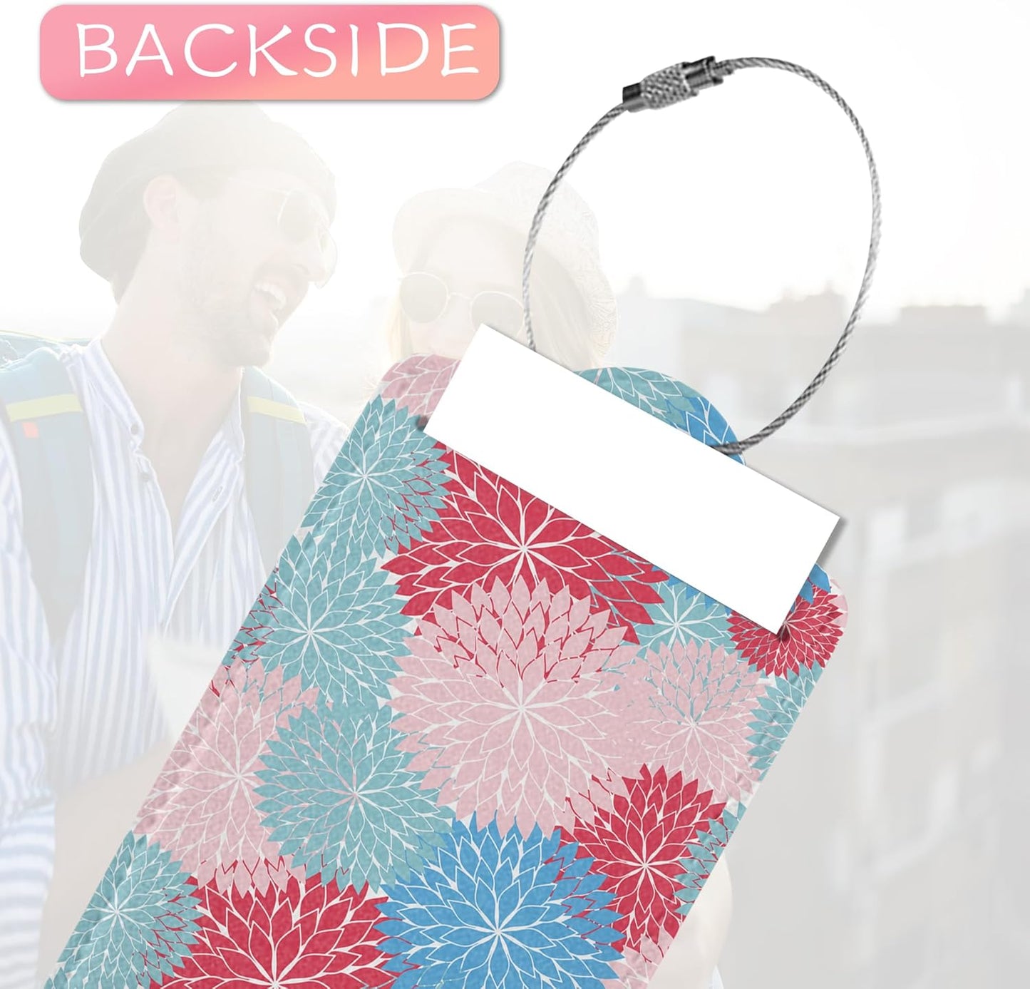 Luggage Tags for Suitcase, 2 Pack Blue Pink Flower Luggage Tag Leather Travel Cruise Bright Floral Luggage Tag with Privacy Flap, Name ID Label and Metal Loop for Women Men Girls Suitcase Baggage