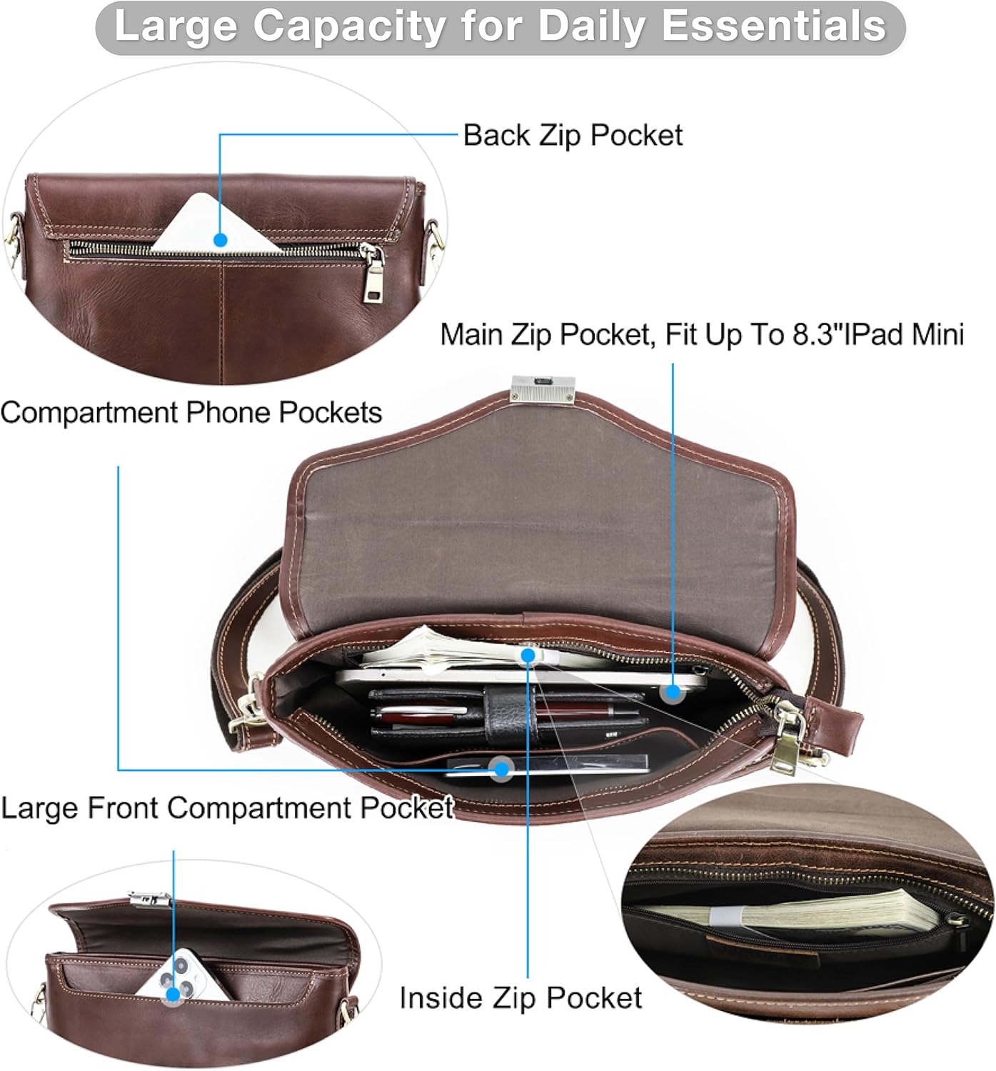Top Grain Genuine Leather Handbag Wallet for Man & Woman, Handmade Retro Design, Combination Lock & Adjustable Shoulder Strap & Wristlet, Portable Handbag for Cards/Checks/Phone/Banknote, Dark Coffee