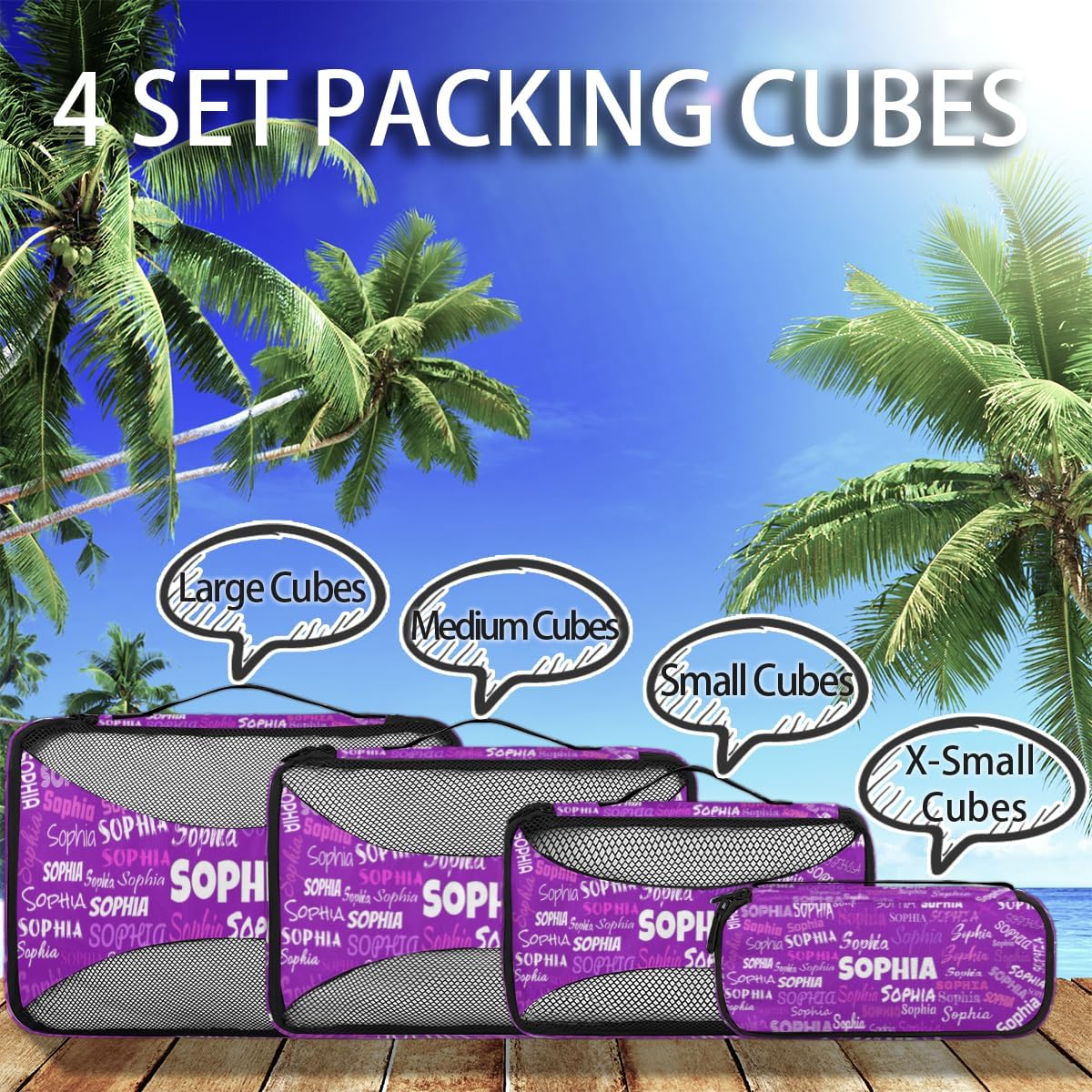 Personalized Compression Packing Cubes with Name, Dark Violet Purple 4 Set Mesh Travel Organizer