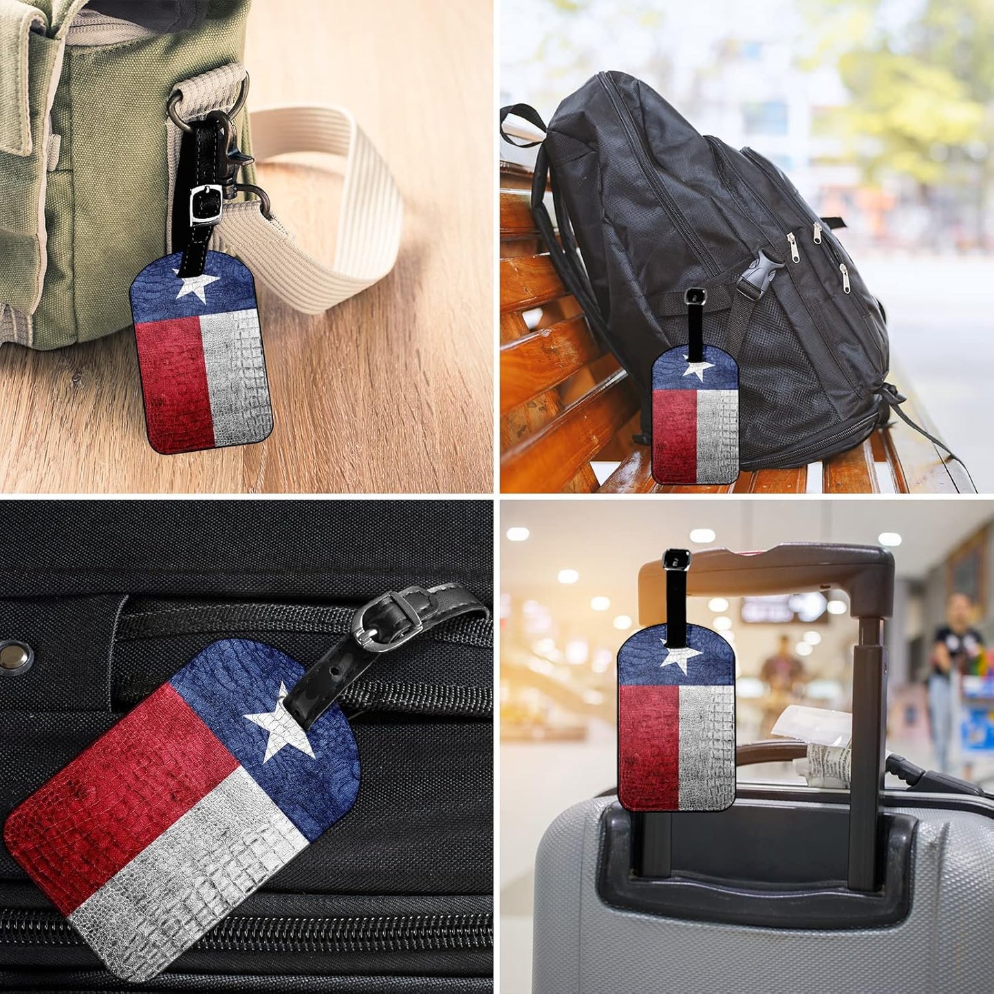 Texas Flag Luggage ID Tags State Banner White Red Gray Suitcases Bag Baggage Travel Tags Identifiers Leather Name Luggage ID Tags for Women Men, 1 Pack