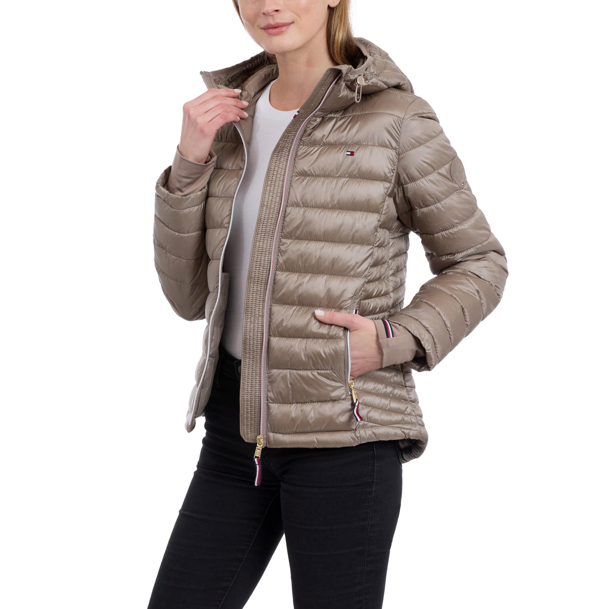 Tommy Hilfiger Women's Puffer Jacket, Lightweight Packable Jacket With Hood & Bag, Taupe, Large