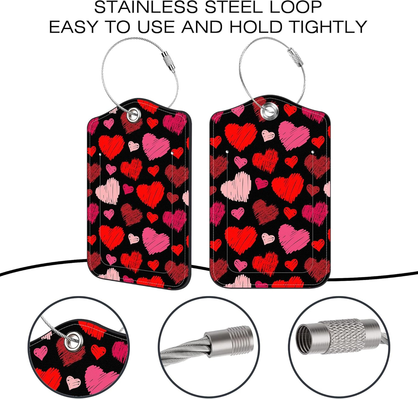 2 Pack Luggage Tags,Red Hearts PU Leather Idea Baggage Tag with ID Labels Privacy Cover Metal Ring Men and Women Travel Bag Labels