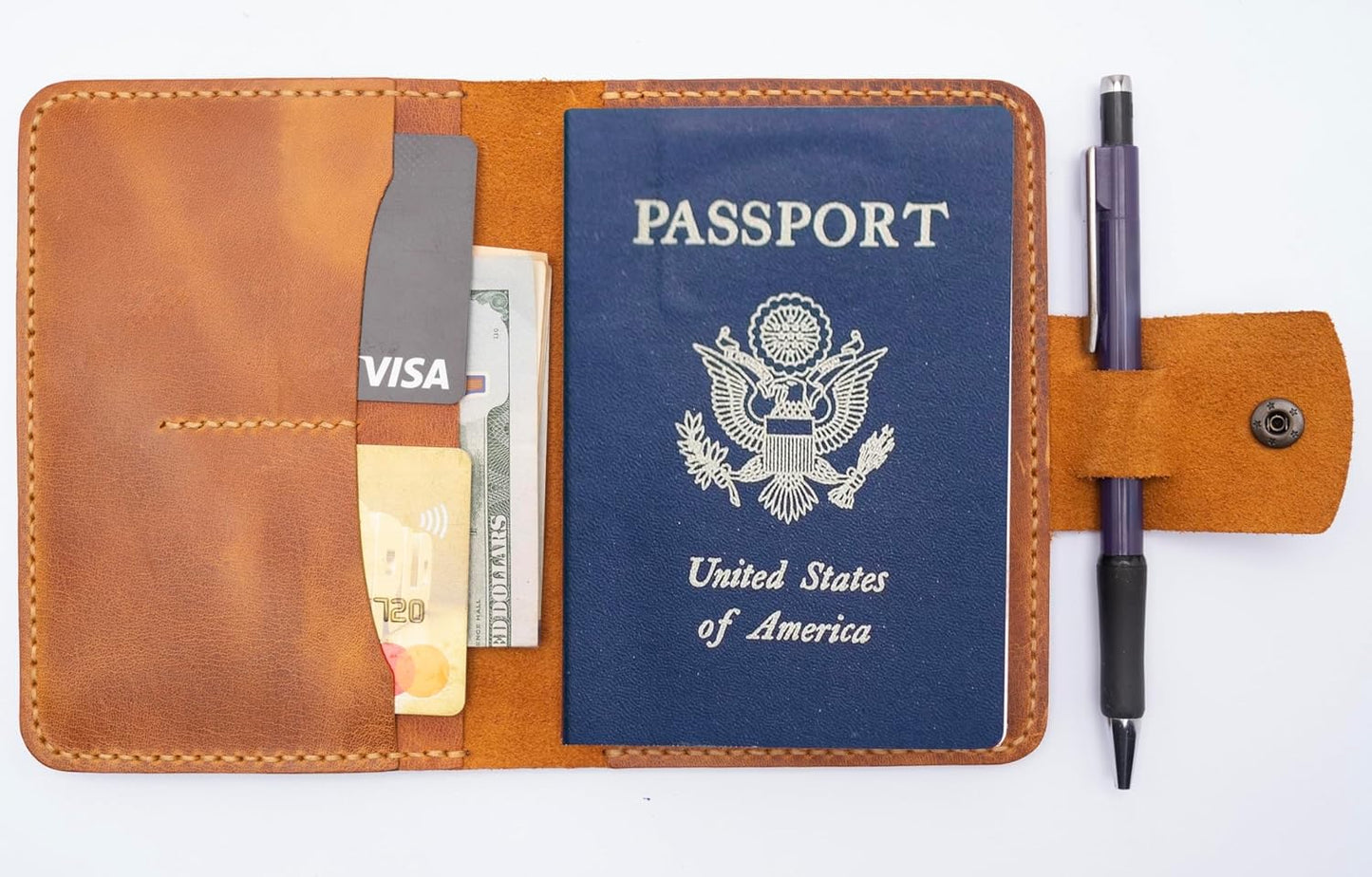 Handmade Passport Leather Case, Wallet Credit Card Holder (Camel)