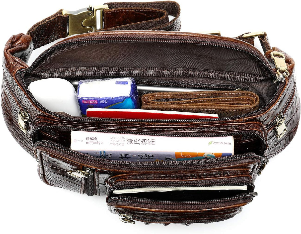 Genuine Leather Fanny Pack large capacity Crossbody Waist Bag with Zipper phone Pockets crocodile