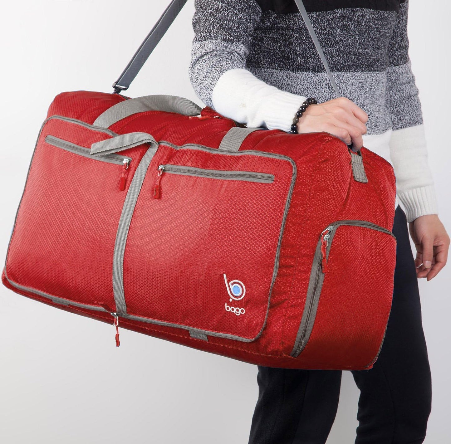 Bago Foldable Duffel Bags for Traveling Women & Men - 60L Medium Packable Duffle Bag for Travel with Shoe Compartment - Water Repellant, Heavy Duty, Lightweight Folding & Collapsible (Red)