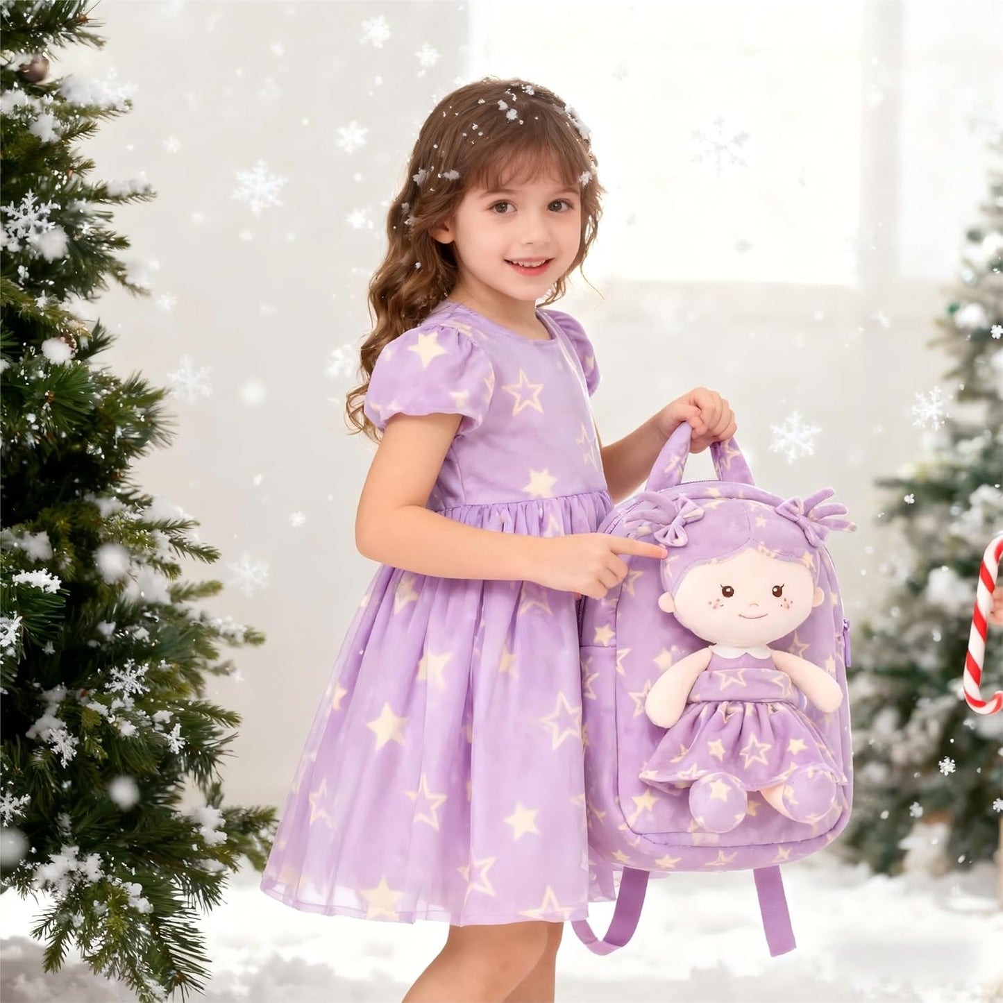 Onetoo Toddler Backpacks Back to School Gifts for Girls Kids Backpack with Soft Tanned Baby Dolls in Purple Star Dress 9"