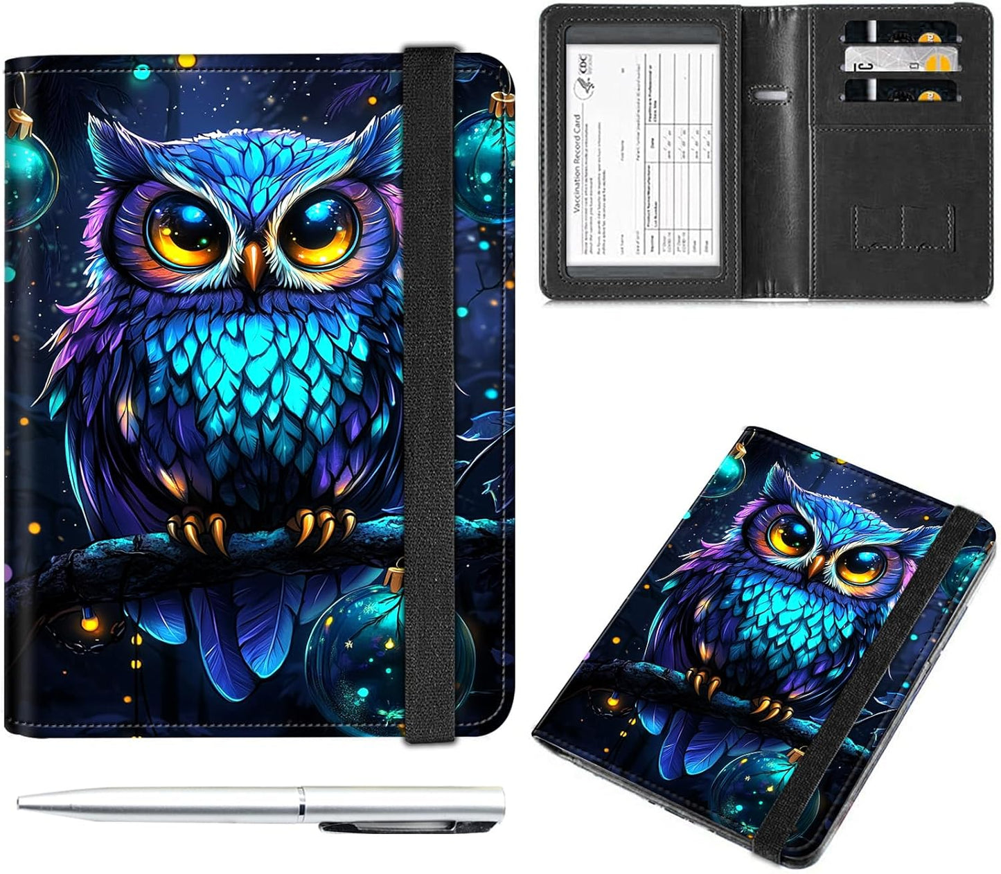 Passport and Vaccine Card Holder Cover Combo,Travel Passport Holder Wallet with RFID Blocking, Leather Vaccine Card Slot Passport Cover Case for Women & Men,Cute Purple Blue Owl