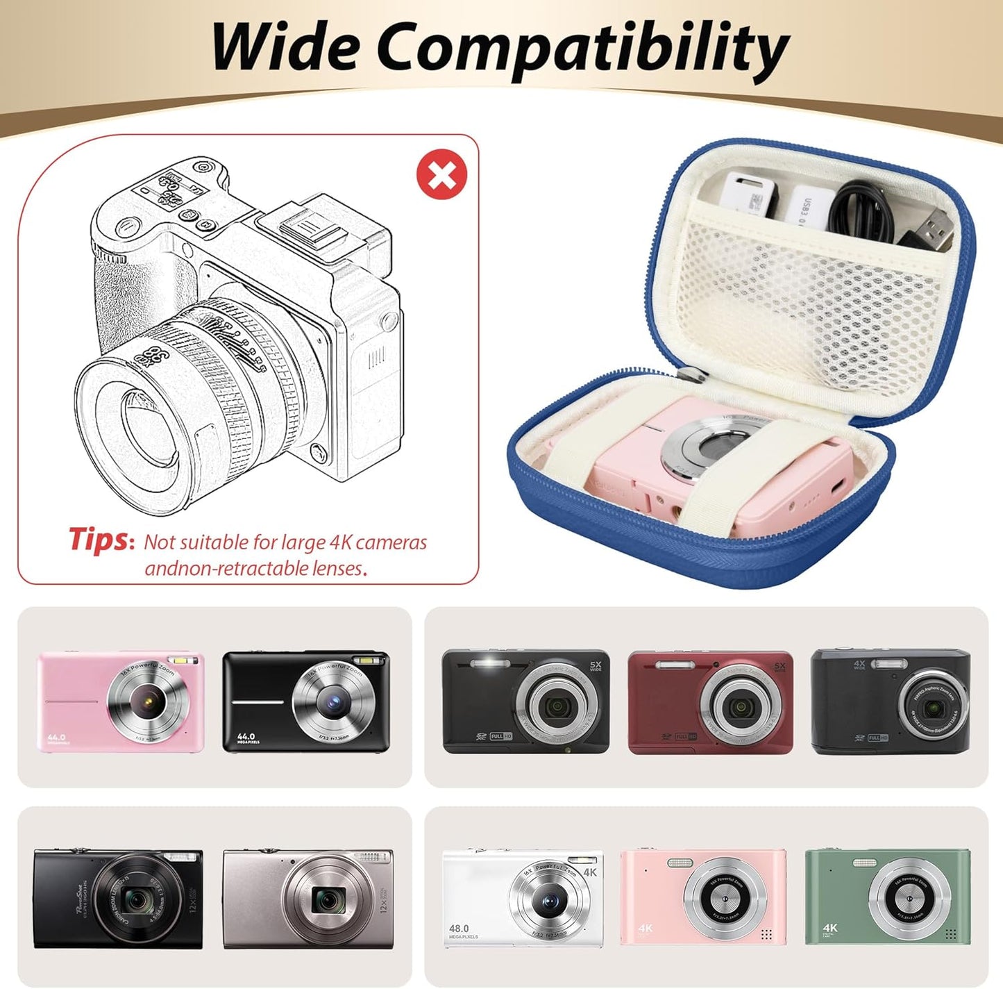 Digital Camera Case for CAMKORY, KODAK PIXPRO FZ45/FZ55, Canon IXUS 285 HS, Lecran, Small Travel Compact Camera Holder with Mesh Pocket for Accessories SD Card (Royal Blue)