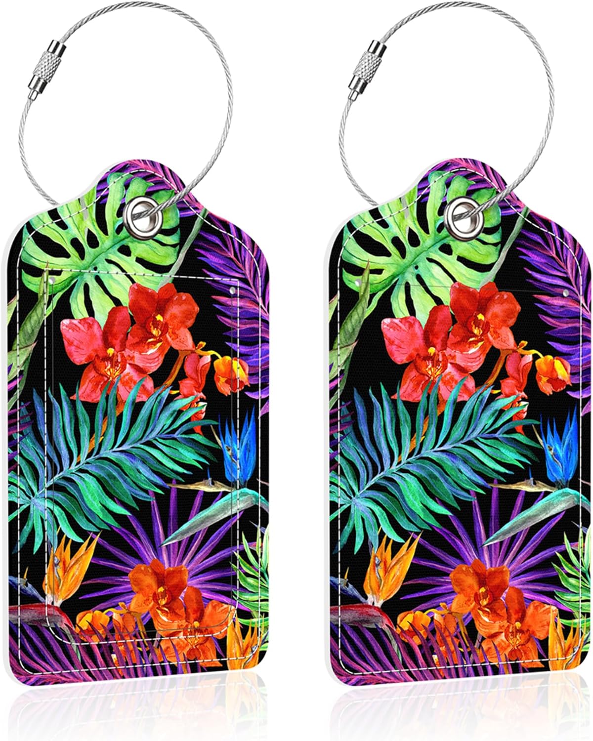Luggage Tags for Suitcase,2 Pack Tropical Flowers Luggage Tag,PU Leather Id Label Luggage Tags with Stainless Steel Loop and Privacy Cover for Women Men Teens Travel