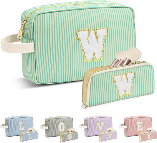 Travel Makeup Bag Christmas Gifts for Women Girl Teens, Personalized Initial Makeup Bag for Cute Teen Girls, Preppy Stuff Toiletry Bag Cosmetic Bag, Teen Girls Gift Trendy Stuff, Letter W