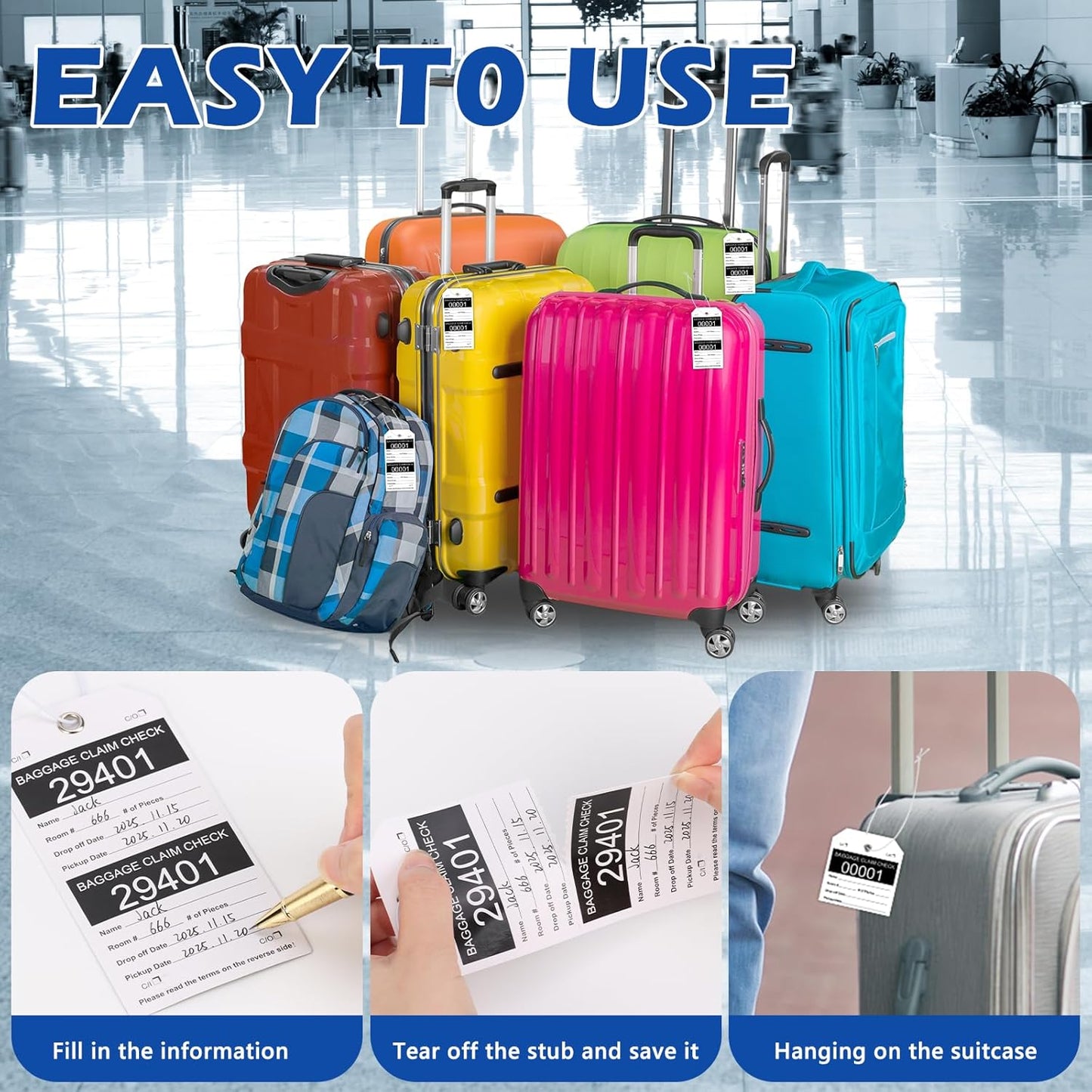 200 Pcs Baggage Claim Tag Hotel Luggage Tag Bulk with White String Paper Baggage Claim Check Tags Perforated Claim Ticket Black Luggage Id Tickets Serial Numbering for Hotel Motel Bag Storage