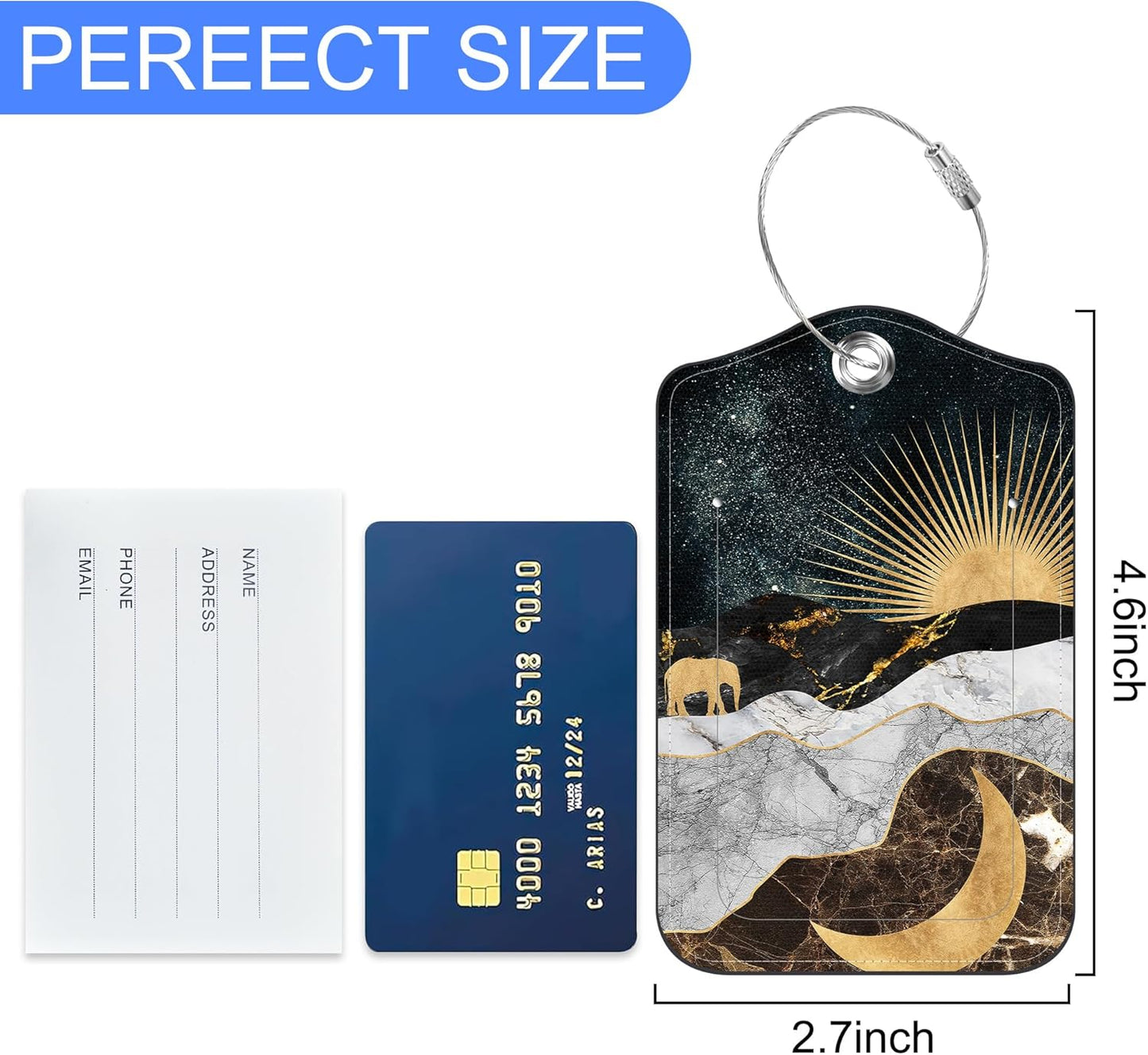 2 PCS Abstract Golden Mountain Luggage Tag for Suitcase Golden Creative Mountain Leather Suitcase Tags with Name Address Card Label Privacy Cover and Stainless Steel Loop for Women Men
