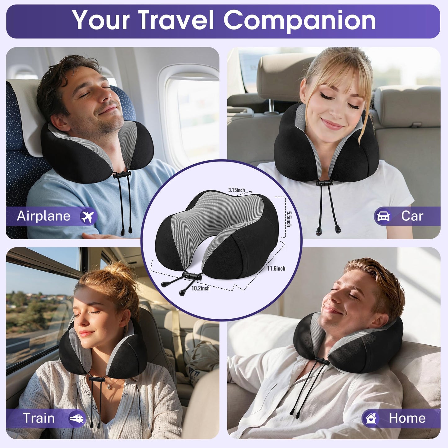 CloudBliss Neck Pillow for Airplanes, Memory Foam Travel Pillow, Black