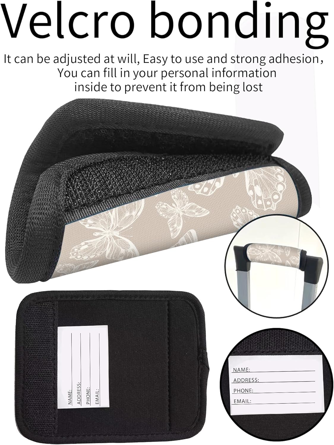 2 Pack Luggage Handle Wrap Travel Tags - Set of Luggage Tags for Suitcases, Identifiers, Marker, and Handle Covers - Cruise Accessories and Travel Gifts（Grey Butterfly