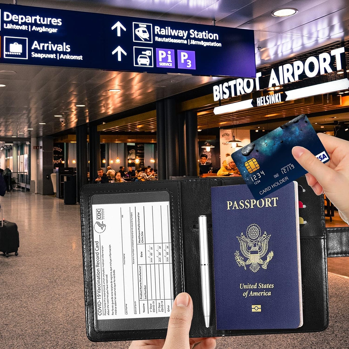 RSAquar Unisex Faux Leather Passport and Vaccine Card Holder Combo, Black, Slim and Lightweight with RFID Blocking Technology