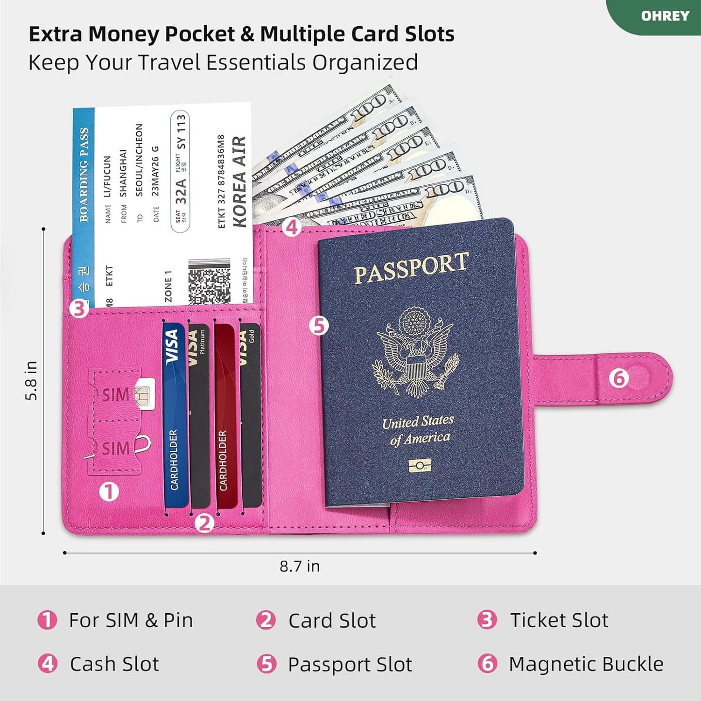 Passport Holder for Travel Family with Slot for AirTag & Luggage Tag Cover, – RFID Blocking Passport Wallet for Women & Girl | PU Leather Passport Cover Case with Money Pocket – Pink