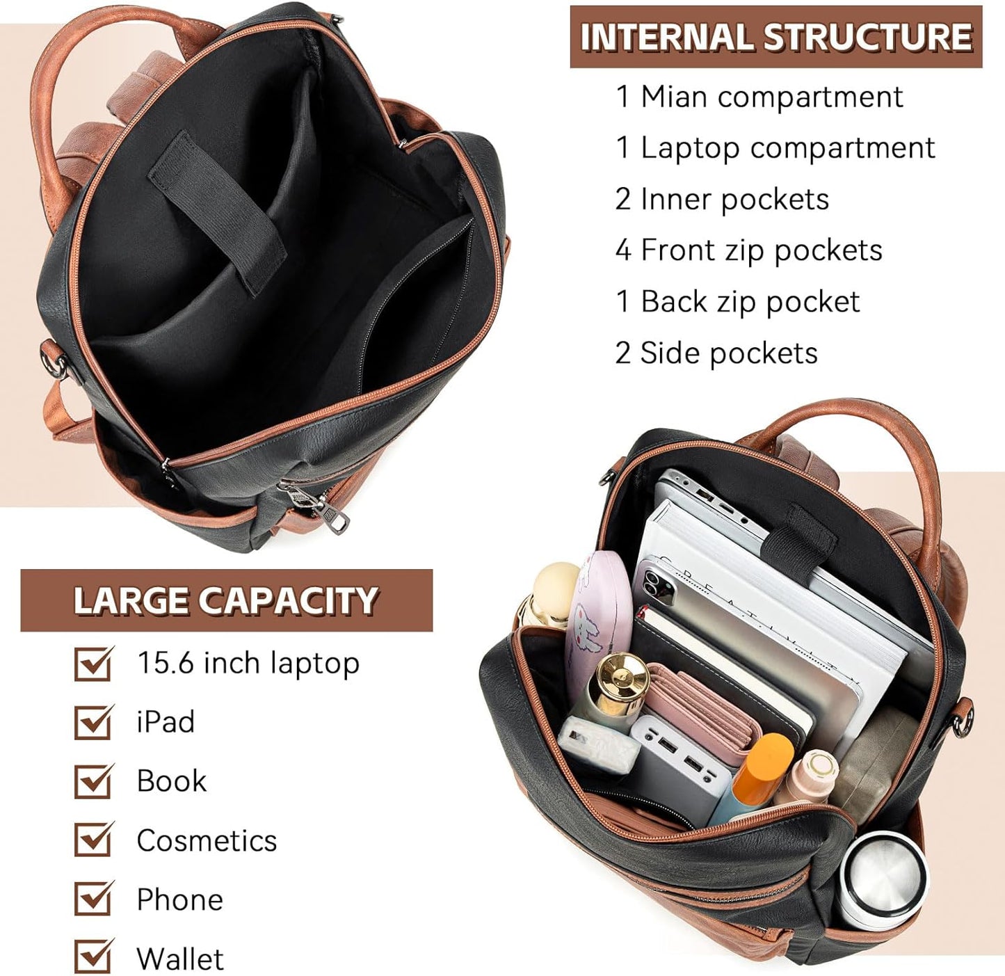 Vegan Leather Laptop Backpack for Women 15.6 Inch Work Backpack Purse for Travel College