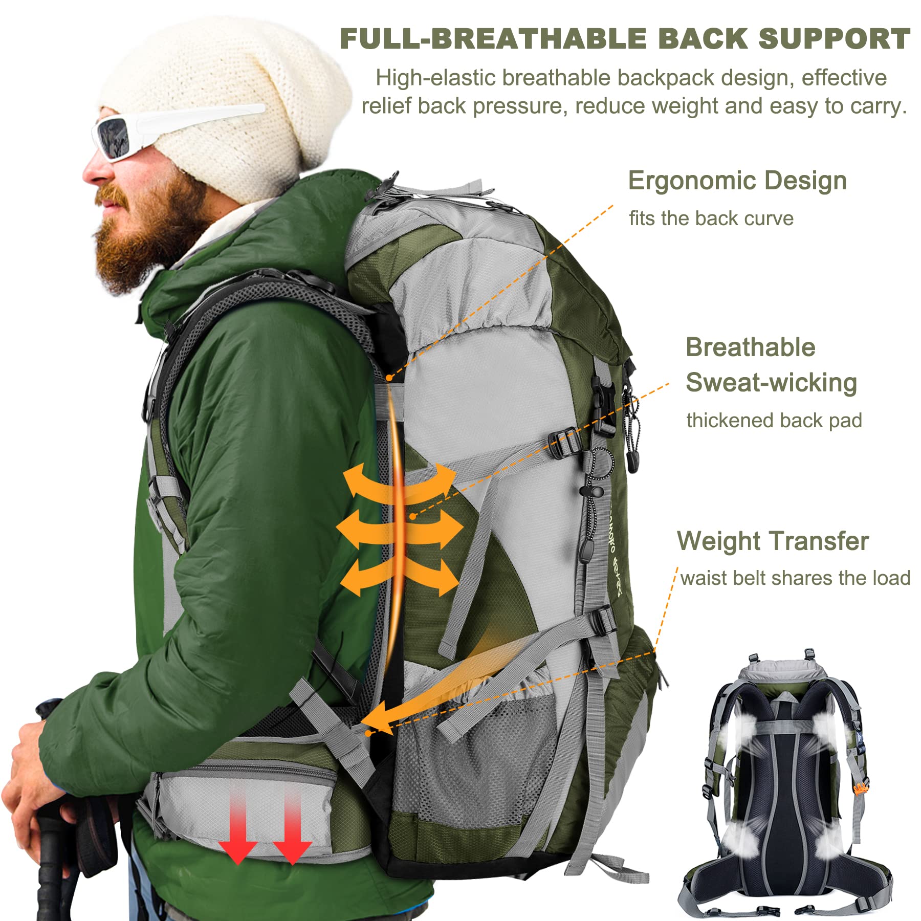 Loowoko 50L Hiking Backpack with Rain Cover for Both Men and Women