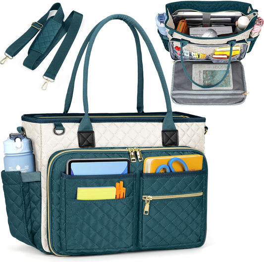 RAINSMORE Teacher Tote Bag 15.6 inch Laptop Bag for Women Work Bags Laptop Tote Nurse Bag Professional Computer Messenger with Insulated Pocket, Laptop Briefcase for Office, College,Green-white