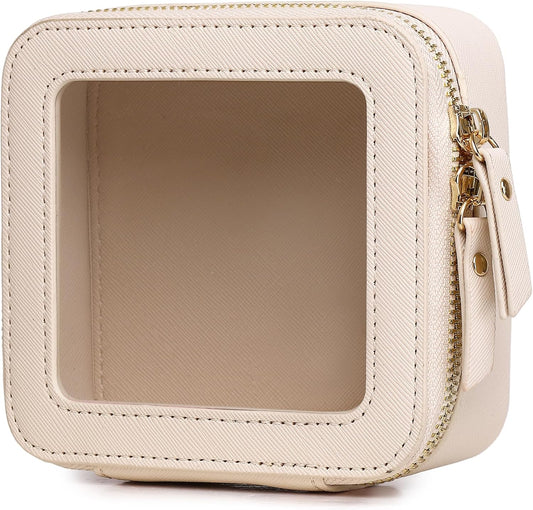 Small Clear Makeup Bag for Women Mini Cosmetic Bag Travel Toiletry Bag Purse Organizer with Zipper Car Essentials (Beige, Mini)