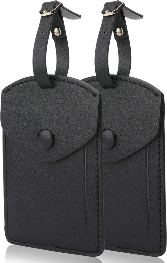 Kevancho Leather Smart Luggage Tags for Men Women, Suitcase Labels Baggage Tote Bag Tag ID Tags with Full Back Privacy Cover for Carnival Cruise Ship, Travel Accessories Tags Set of 2 PCS (Black)