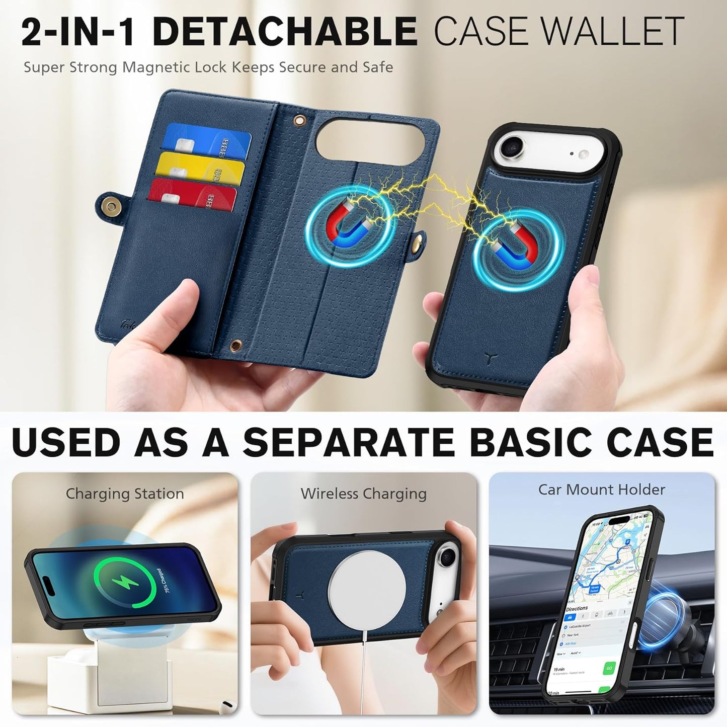 TUCCH Crossbody Detachable Wallet Case for iPhone Air 6.5" 2025, 9 Card Holders RFID Blocking, Wireless Charging, Stand, Wrist Strap, Lanyard, Zipper Pocket, PU Leather Shockproof Cover, Dark Blue