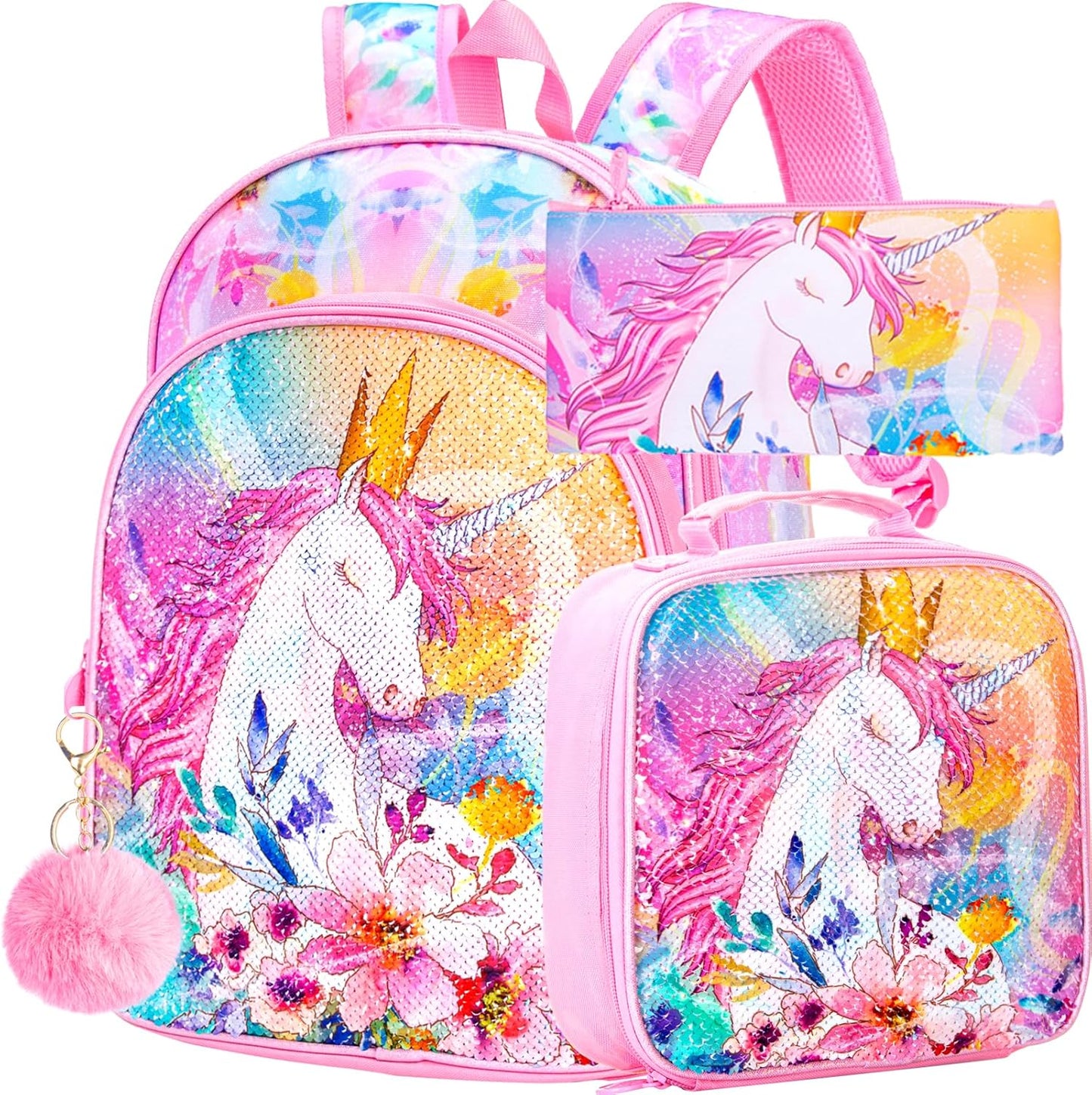 CCJPX 3PCS Unicorn Backpack for Girls, 16”Kids Preschool Sequin Bookbag and Lunch Box for