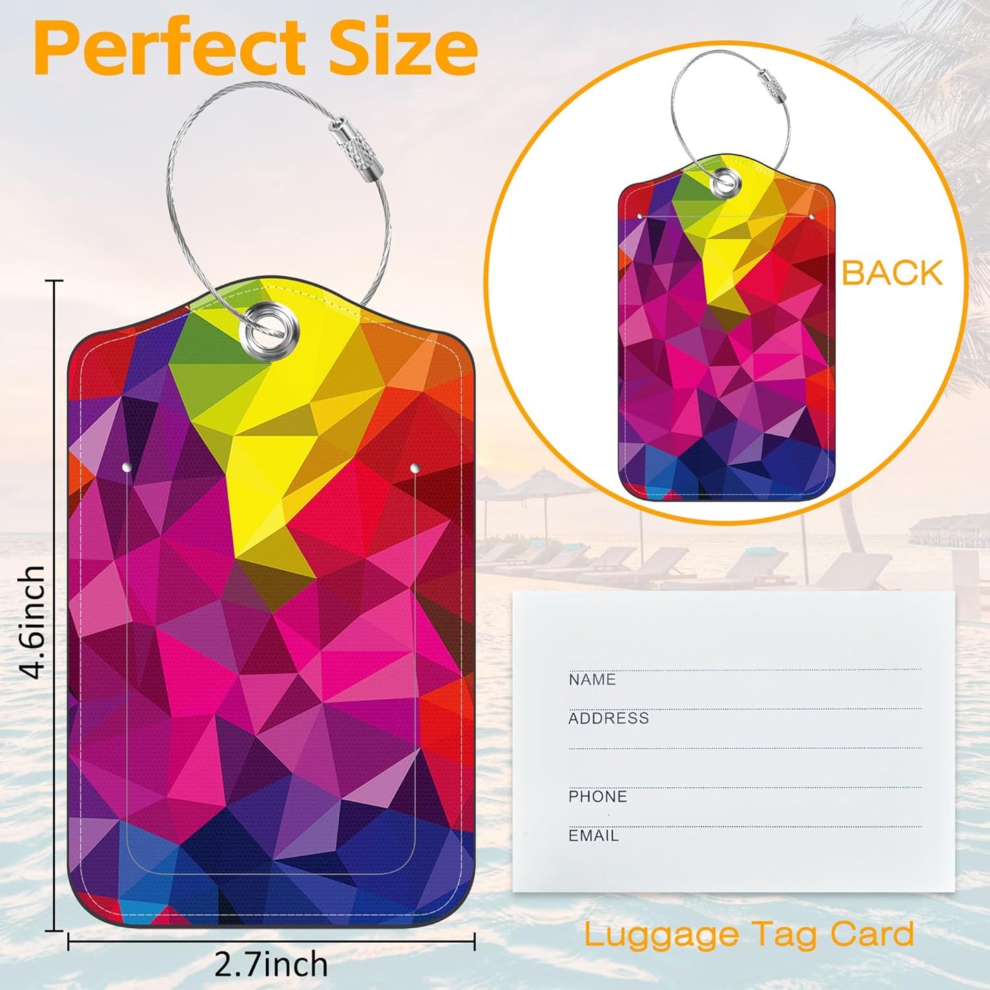 3 Pack Luggage Tags for suitcases Colorful Geometric Leather Luggage Tag, Identifiers with Privacy Name ID Label and Metal Loop for Men Women Travel Bag Suitcase