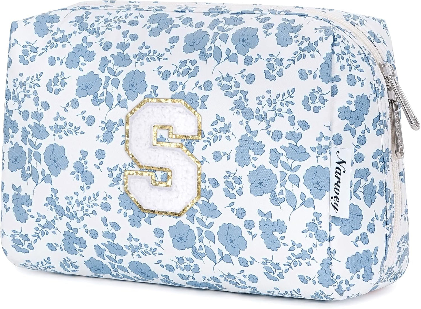 Narwey Birthday Gifts for Teen Girls Kids Women Personalized Initial Floral Makeup Bag Cute Cosmetic Trendy Stuff 6 8 10 11 12 13 14 16 18 Years Old Travel Toiletry Bag (Little Blue Flower S)