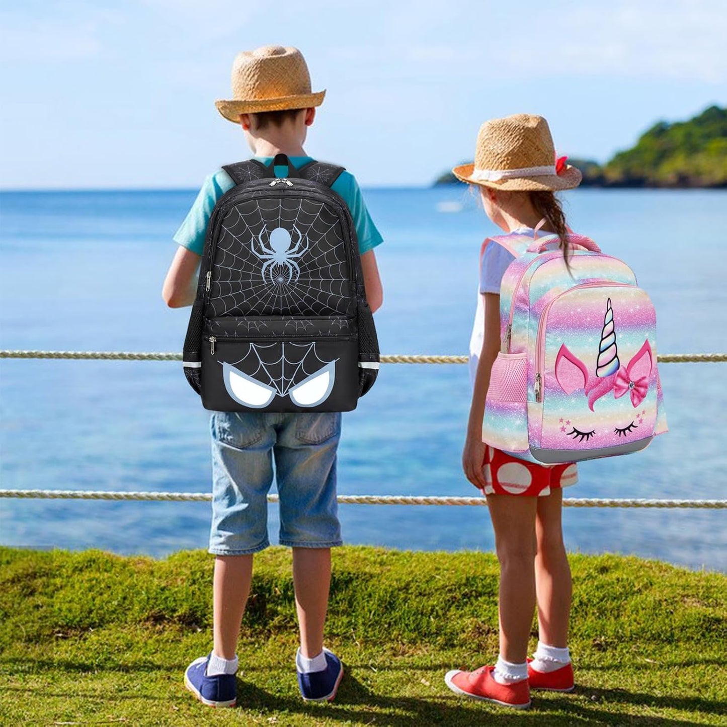 Octsky Kids Backpack for School Boys Backpack with Lunch Box Elementary Bookbag, Spider Black 3pcs