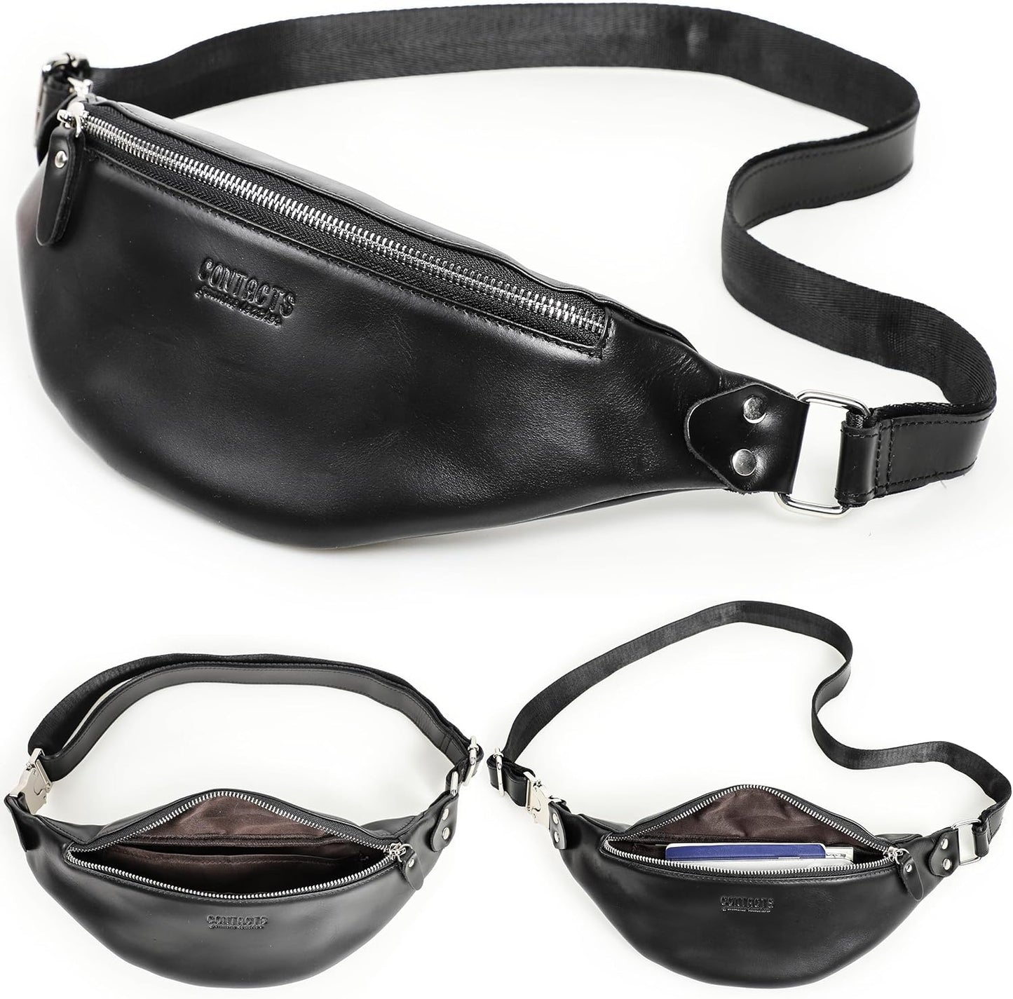 Top Grain Genuine Leather Slim Waist Pack for Man & Woman, Minimalist Vintage Design, Handmade with Detachable Hardware, Slim Fanny Pack Small Crossbody Belt Bag for Traveling or Riding, Glossy Black