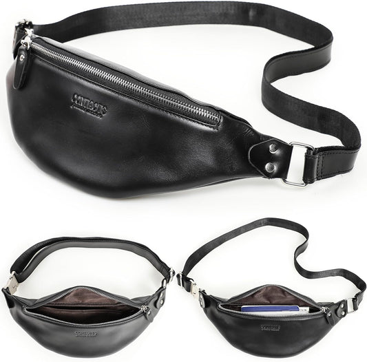 Top Grain Genuine Leather Slim Waist Pack for Man & Woman, Minimalist Vintage Design, Handmade with Detachable Hardware, Slim Fanny Pack Small Crossbody Belt Bag for Traveling or Riding, Glossy Black