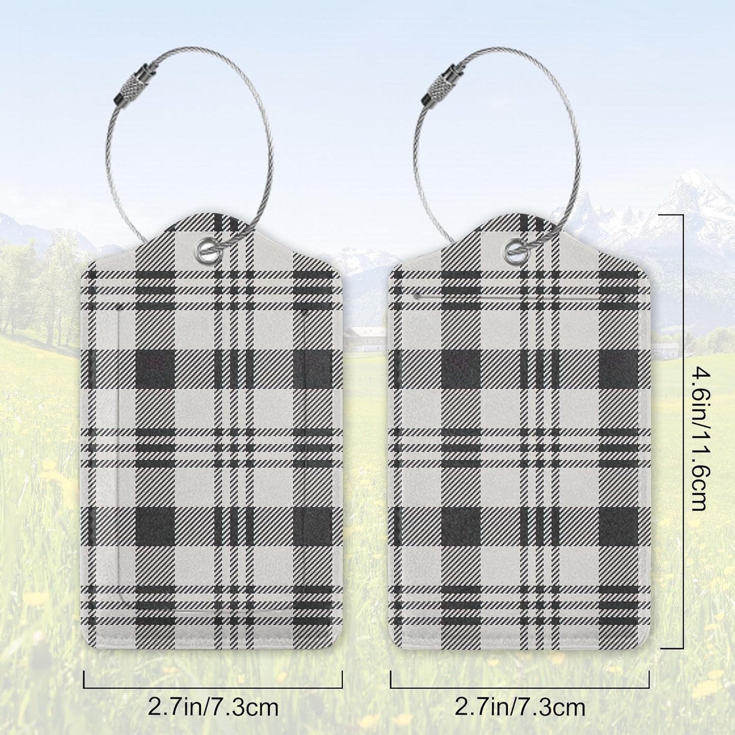 2 Pack Leather Luggage Tag for Suitcase Black White Plaid Checkered Unique Travel Tags with Privacy Cover ID Label & Stainless Steel Loop for Men and Women Baggage
