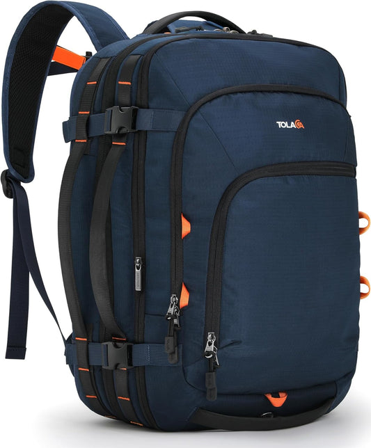 Tolaccea Travel Backpack, TSA Friendly Flight Approved Carry-on Luggage Water-resistant Business Rucksack, Durable Large Computer Bag Daypack Fits 15.6 Inch Laptop, 35-45L Expandable - Navy