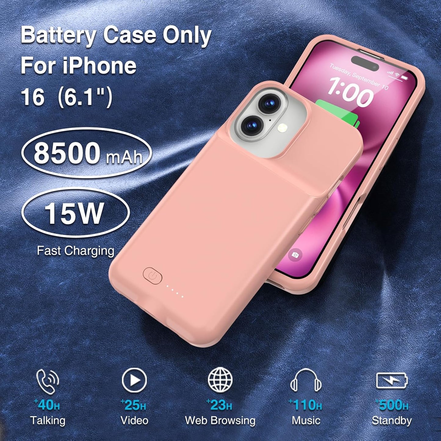GIN FOXI Battery Case for iPhone 16/16e, Fast Charging Cases Charger 8500mAh Ultra-Slim Lightweight Rechargeable Battery Pack Anti-Fall TPU Powerful Juice Box for 16e/16 (6.1") Pink