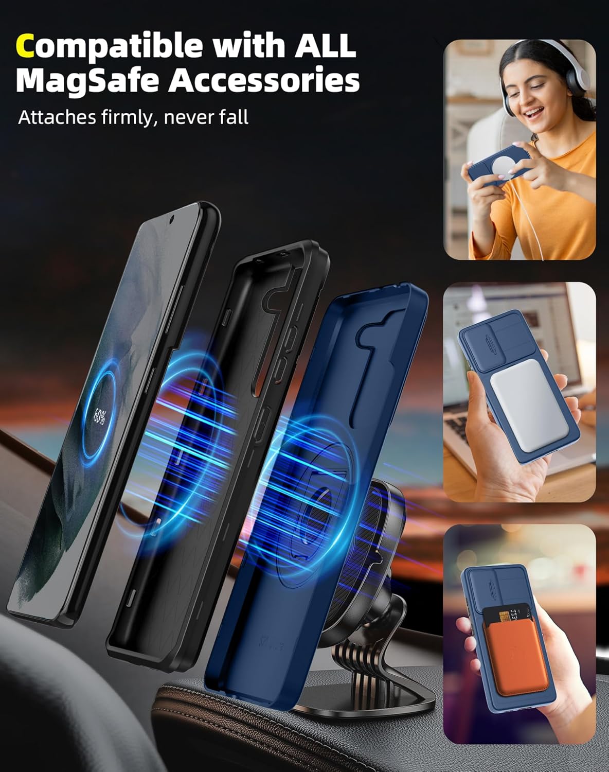 for Samsung Galaxy S21 Plus Case Magnetic Compatible with MagSafe Wireless Charging,with Screen Protector,for S21+Plus Case with Stand Ring+Camera Cover Shockproof Heavy Duty Protection Blue