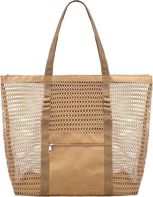 Mesh Beach Bags for Women with Zipper Foldable Hobo Tote Bag Vacation Shoulder Bags for Swimming Pools